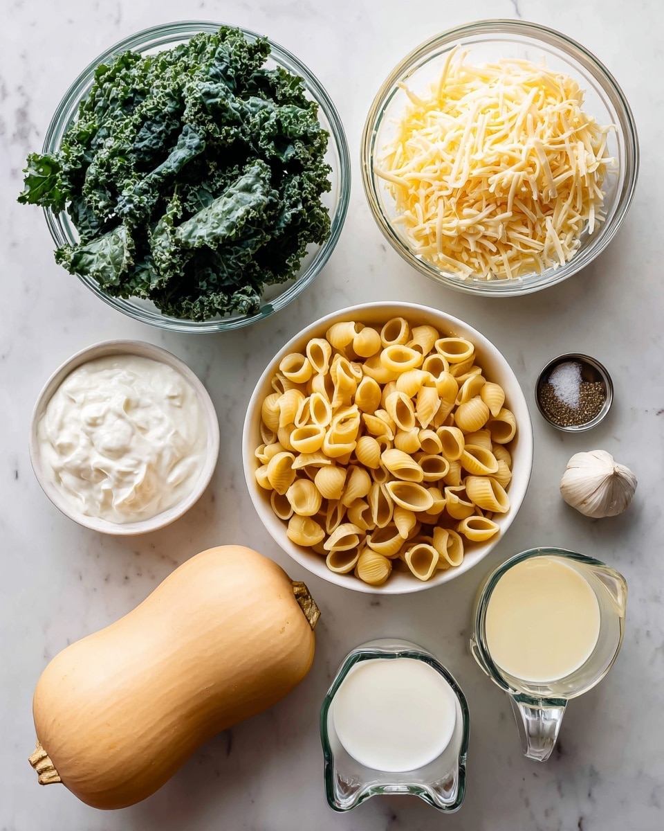 The image shows several ingredients on a white marbled surface. In the center, there is one white bowl filled with dry pasta shells that are light yellow and have a smooth texture. Above it, a clear glass bowl contains shredded cheese that is pale yellow with soft, thin strands. To the left, another clear glass bowl holds dark green kale leaves with a rough texture. Below the kale, two whole butternut squashes, light orange with smooth skin, are placed next to each other. To the right of the pasta, a small clear glass bowl holds thick white Greek yogurt. Beside it, there are two small garlic cloves with a rough outer skin. Near the bottom right, two clear glass measuring cups contain liquids: one shows light yellow broth, and the other has white milk. A small metal dish with salt and pepper is positioned near the kale bowl. The overall arrangement is neat and bright, with good lighting. Photo taken with an iphone --ar 4:5 --v 7