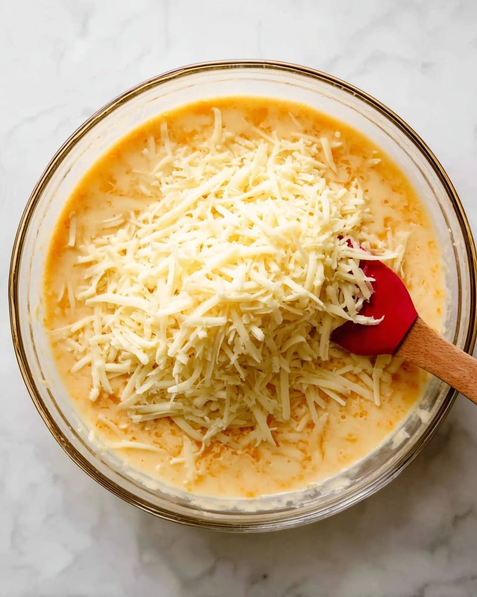 A clear glass bowl sits on a white marbled surface, filled with a light orange, smooth liquid mixture that takes up about two-thirds of the bowl. On top of this mix lies a thick layer of shredded pale yellow cheese, slightly piled in the center but spreading outwards. A wooden spatula with a red silicone tip rests inside the bowl on the right side, partly submerged in the mixture. The lighting highlights the creamy texture of the liquid and the fine texture of the cheese shreds. photo taken with an iphone --ar 4:5 --v 7