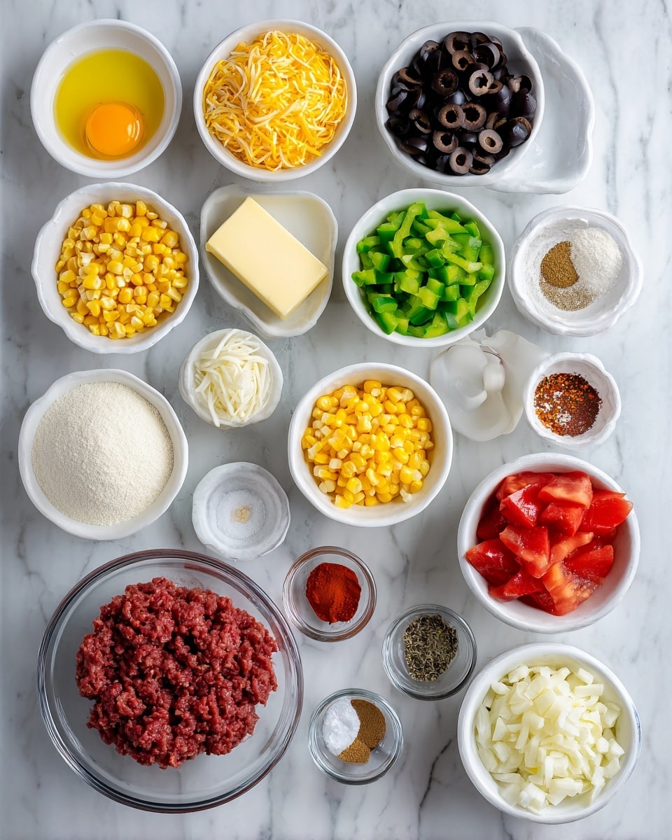 The image shows a white marbled surface with many small white bowls and one clear glass bowl arranged neatly. The clear glass bowl at the bottom left holds raw ground beef, dark red and finely textured. Above it, there are medium-sized white bowls with diced white onions, bright yellow corn kernels, and yellow shredded cheese. Another white bowl contains bright green diced bell peppers, and nearby is a white bowl filled with black sliced olives. Toward the top left, a small white bowl has two bright yellow egg yolks, with another small white bowl holding a slab of pale yellow butter beside it. There are also clear bowls filled with white cornmeal and smooth red tomato sauce. Small white bowls scattered around contain spices in various colors: white salt, light brown cumin powder, reddish chili powder, black pepper, light-colored sugar, red pepper flakes, and minced garlic. At the bottom center, a white bowl contains bright red diced tomatoes with visible juice. Everything is clean and neatly arranged on the white marbled background. photo taken with an iphone --ar 4:5 --v 7