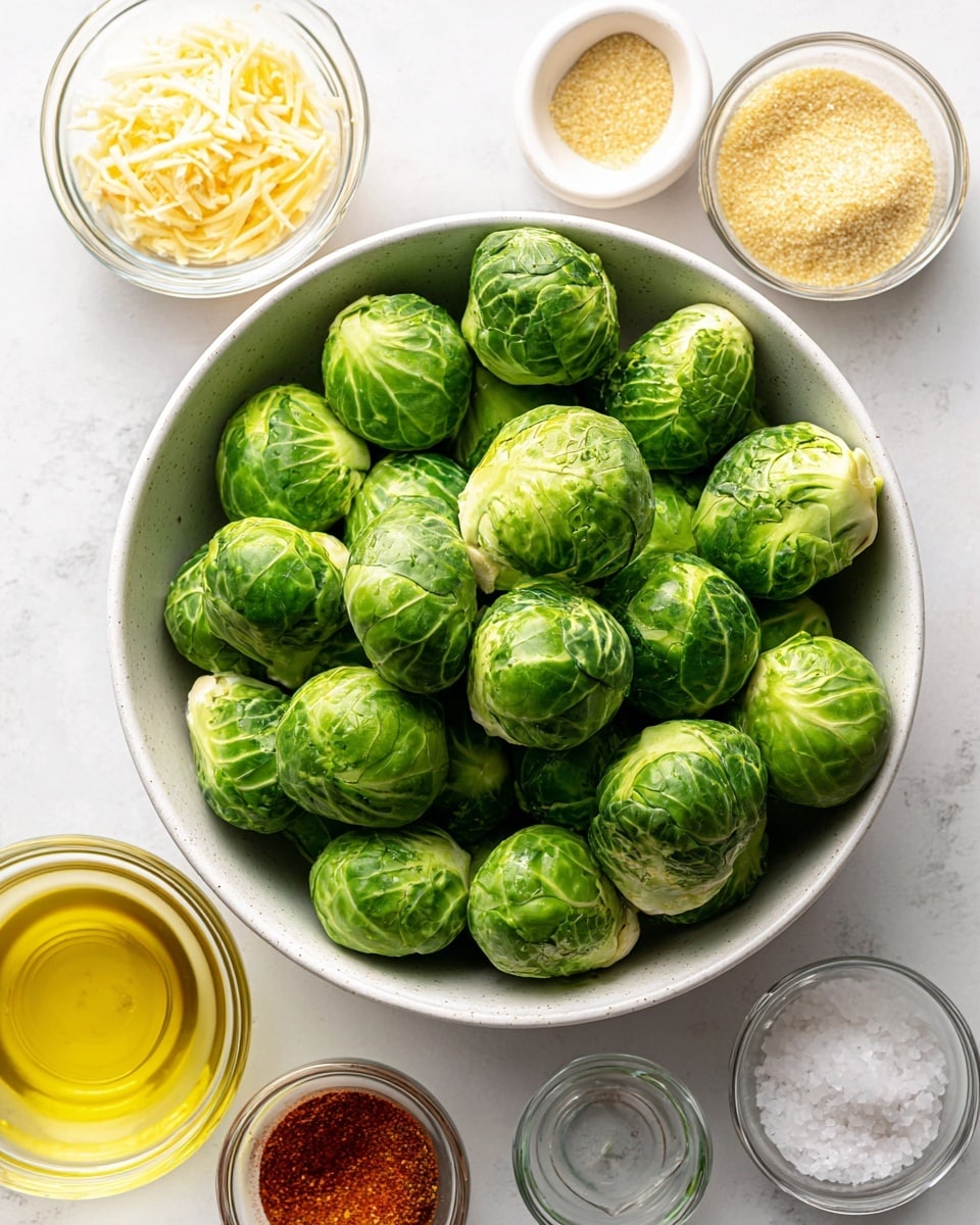 A round white bowl filled with fresh green Brussels sprouts, each sprout showing tightly packed leaves with a slightly glossy texture. Surrounding the bowl on a white marbled surface are small clear glass bowls and containers holding light golden garlic powder, pale yellow grated Parmesan cheese, reddish-orange cayenne pepper, sea salt crystals, and a small cup of golden olive oil. The overall setup is bright and clean, with the ingredients arranged neatly around the central bowl in a balanced way. photo taken with an iphone --ar 4:5 --v 7