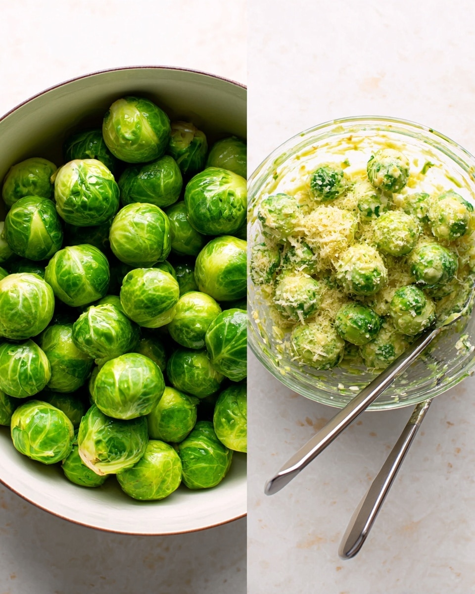 The first image shows a white round pot filled with many bright green Brussels sprouts tightly packed and fresh, sitting on a white marbled surface. The second image shows a clear glass bowl with Brussels sprouts coated in a light green sauce, mixed with small bits of grated cheese, and a pair of silver tongs resting inside the bowl, also on a white marbled surface. The textures are smooth on the sprouts in the first image and slightly rough with sauce and cheese in the second. photo taken with an iphone --ar 4:5 --v 7