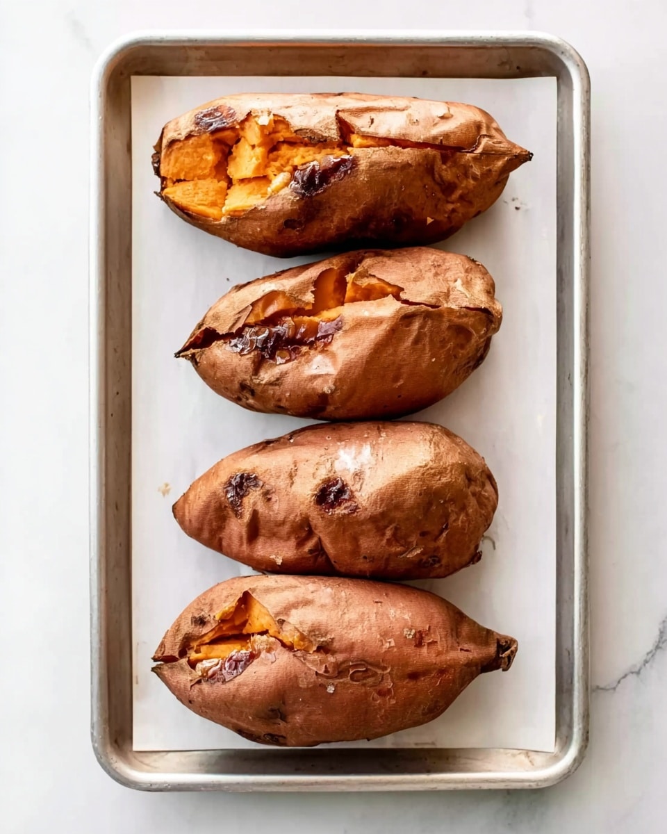 Four roasted sweet potatoes with slightly cracked brown skin are placed in a single row on a white rimmed baking tray. Some soft orange flesh peeks out from the cracks, and a few spots of caramelized sugar are visible on the shiny surface of the potatoes. The tray sits on a white marbled surface, adding a clean and bright background. photo taken with an iphone --ar 4:5 --v 7