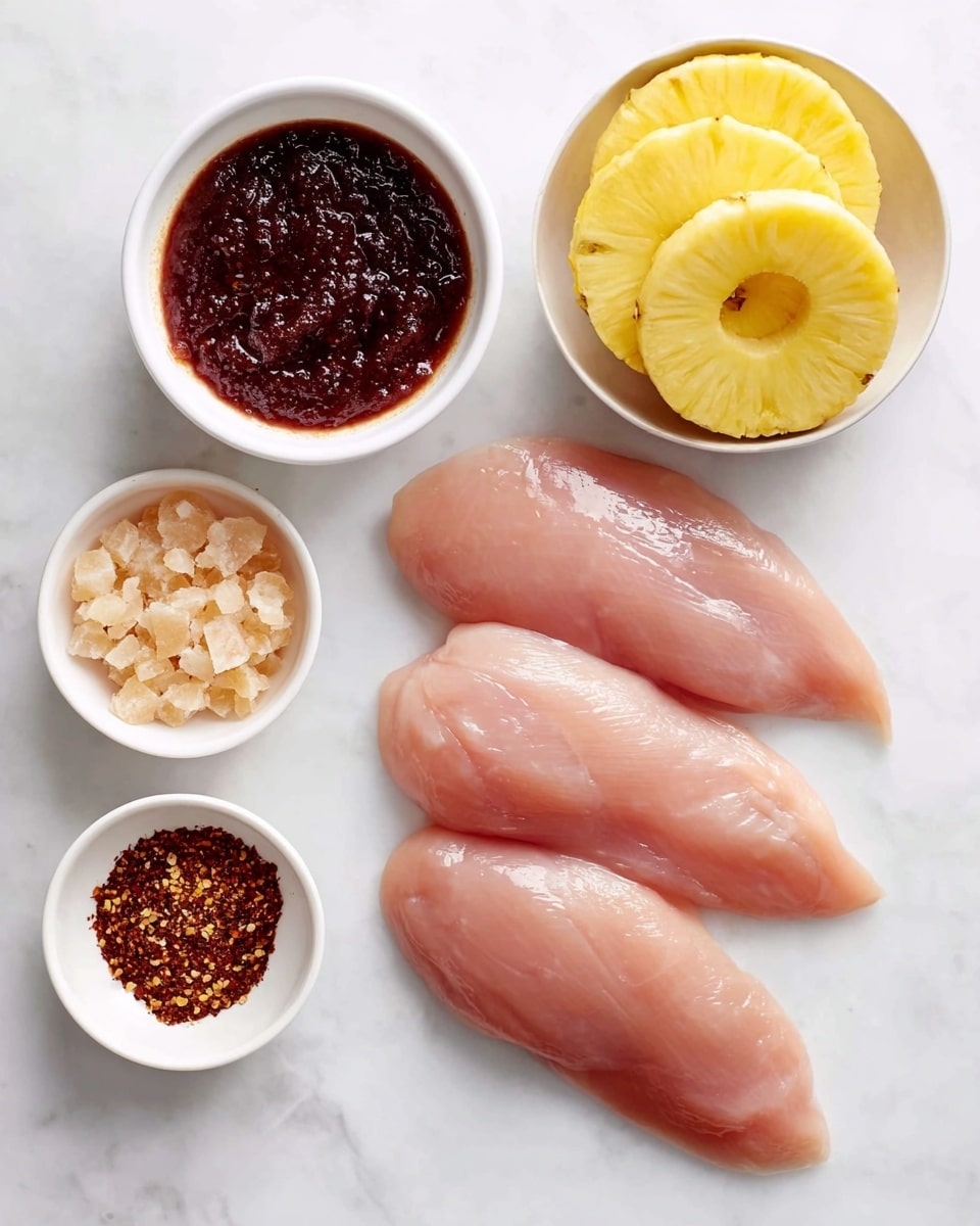 The image shows three raw, pale pink chicken fillets placed side by side on a white marbled surface in the bottom right. To the left, there is a small white bowl with three bright yellow pineapple rings neatly stacked inside. Above the chicken fillets, there is a small white bowl filled with a thick, dark reddish-brown sauce. Below the pineapple bowl, there are two smaller white dishes; one contains coarse light brown chunks mixed with salt, and the other holds a dark red spice mix. The setup is clean and simple with a fresh look, photo taken with an iphone --ar 4:5 --v 7