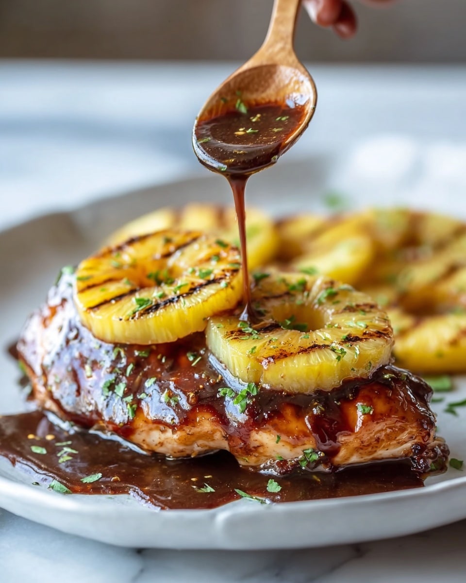 A cooked piece of chicken sits on a white plate covered with dark brown sauce that shines under light, with three round slices of grilled pineapple layered on top. A woman's hand holding a wooden spoon pours more shiny dark brown sauce over the pineapple, with some green herbs sprinkled over the chicken and pineapple for color. The plate rests on a white marbled surface. In the background, there are blurred parts of another chicken piece and pineapple slices. Photo taken with an iphone --ar 4:5 --v 7