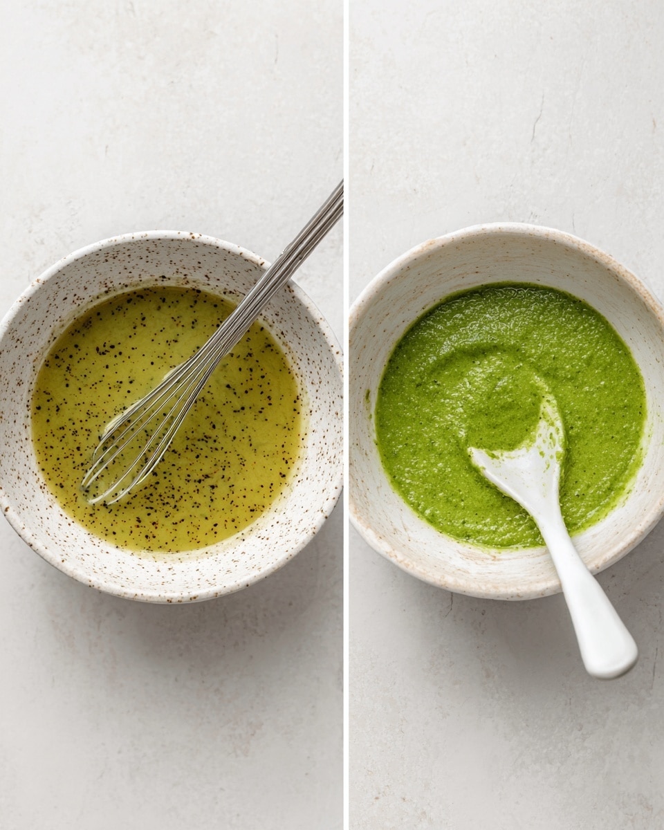 Two images side by side show a white bowl with speckled patterns on a white marbled surface. The left bowl holds a green liquid sauce with small seeds or spices spread evenly, and a silver whisk resting inside touching the sauce. The right bowl contains a thicker, bright green paste-like sauce with a creamy texture, and a white spoon resting fully inside the bowl on the right side. Photo taken with an iphone --ar 4:5 --v 7