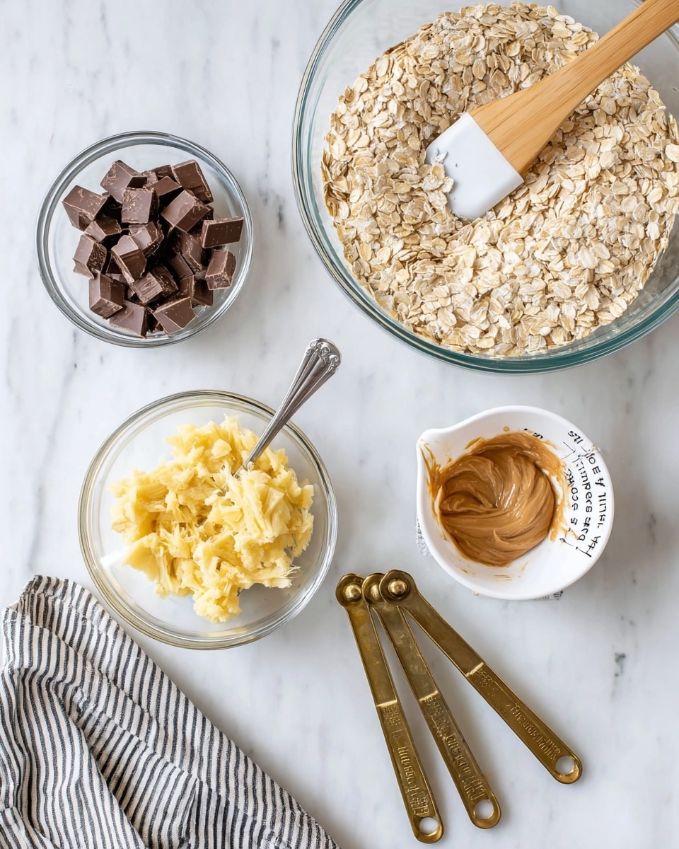 The image shows four clear glass bowls and one white measuring cup on a white marbled surface. The biggest glass bowl on the top right is filled with light beige rolled oats, and a wooden spatula with cream-colored batter rests on the bowl’s edge. To the left, a smaller glass bowl holds dark brown chocolate pieces cut into small rectangle shapes. Below that, a medium-sized glass bowl contains mashed yellow bananas with a silver fork resting inside. On the right, a white measuring cup labeled “½ cup 125 ml” holds light brown peanut butter spread unevenly inside. Next to it are four vintage brass measuring spoons with wooden handles, laid out in a fan shape. A black and white striped cloth is partially visible at the bottom of the frame. Photo taken with an iphone --ar 4:5 --v 7