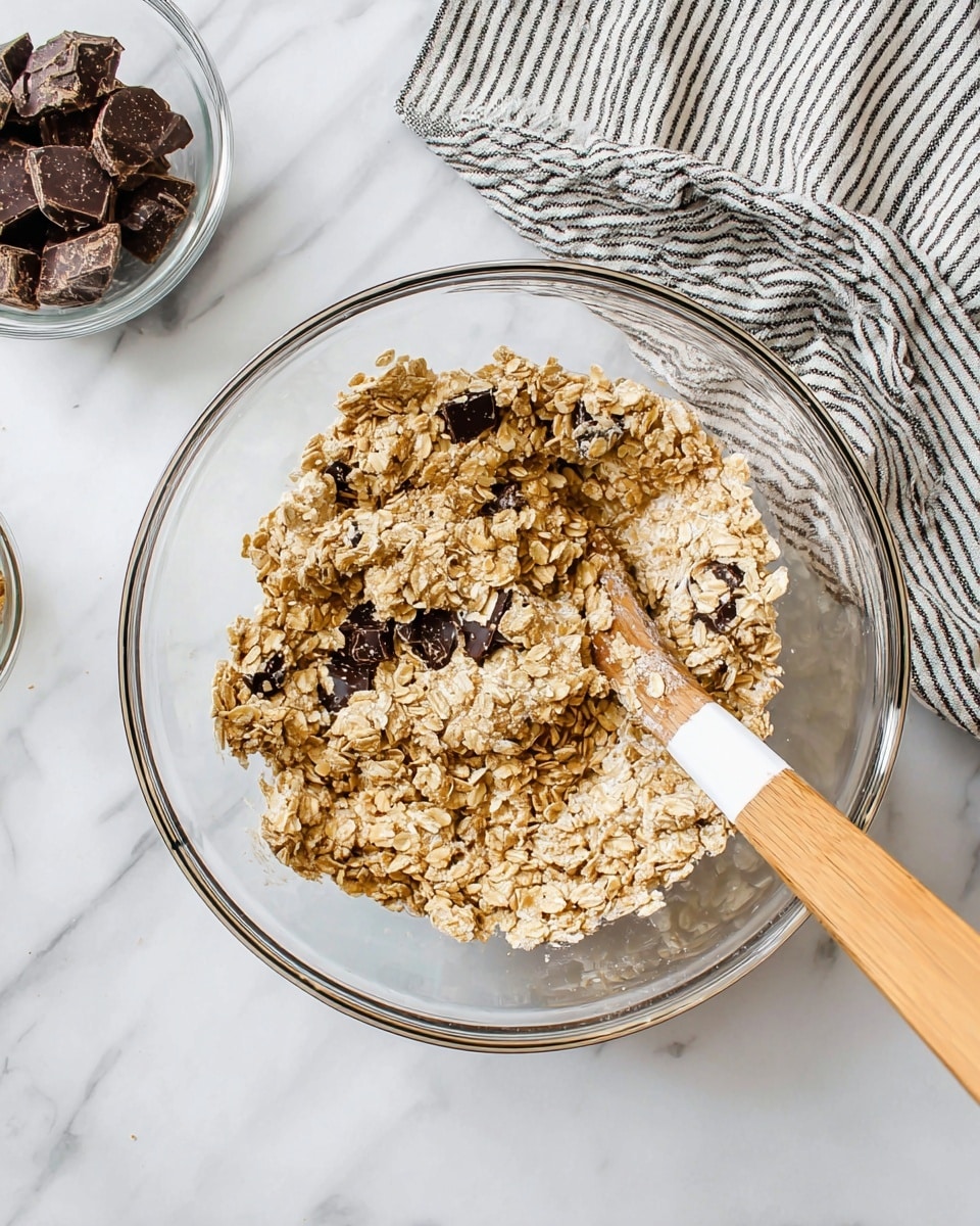 The image shows a clear glass bowl filled with a sticky mixture of light brown oats and dark chocolate chunks. Inside the bowl, a wooden spatula with a white rubber tip is partially covered with the oat mixture, resting on the right side. The bowl is placed on a white marbled surface, next to a black and white striped cloth. In the upper left corner, there is a small clear bowl with more dark chocolate pieces. The scene is simple and bright, with soft natural lighting coming from above. Photo taken with an iphone --ar 4:5 --v 7