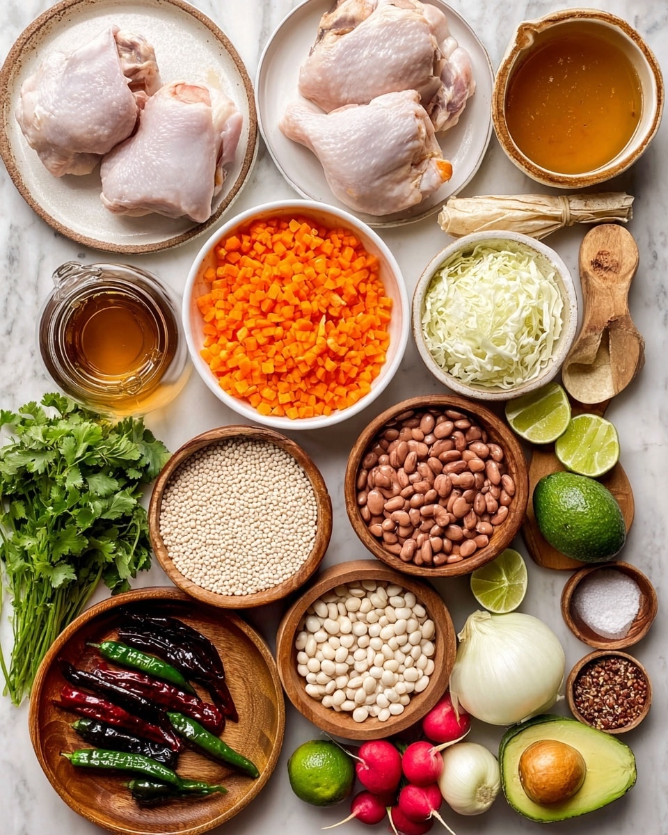 The image shows an overhead view of many raw ingredients arranged neatly on a white marbled surface. There are two white bowls holding fresh chicken thighs and two chicken pieces on a beige plate. A larger white bowl is filled with bright orange chopped carrots, and a wooden bowl contains peeled, chopped onions. Another wooden bowl holds white hominy, a smaller white bowl contains brown beans, and a small wooden bowl is filled with diced white onions. A white plate displays sliced green jalapeños, dark dried chili peppers, and bright red chilies. Lime wedges and a whole white onion are placed beside the plate, with a bunch of radishes with green stems nearby. There is also a whole avocado, a bunch of fresh cilantro, some shredded cabbage in a wooden bowl, and a couple of corn tortillas. Spices, garlic cloves, and a measuring cup with broth complete the arrangement. Photo taken with an iphone --ar 4:5 --v 7