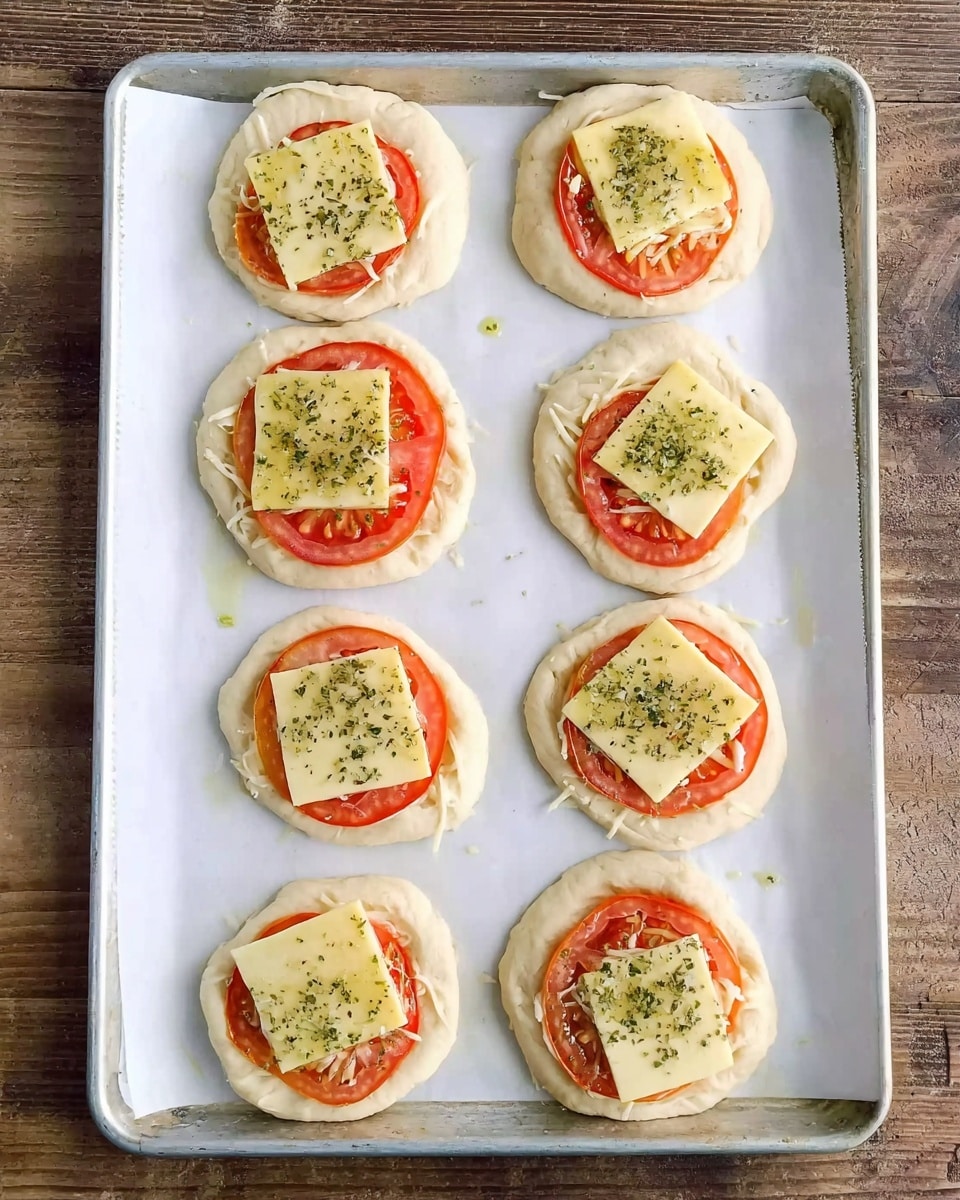 There are eight small round dough pieces spread out evenly on a white baking tray. Each dough piece has three layers: a base layer of light beige dough, a middle layer of bright red tomato slices, topped with a square slice of light yellow cheese sprinkled with green herbs. The tray is placed on a wooden surface. The photo taken with an iphone --ar 4:5 --v 7