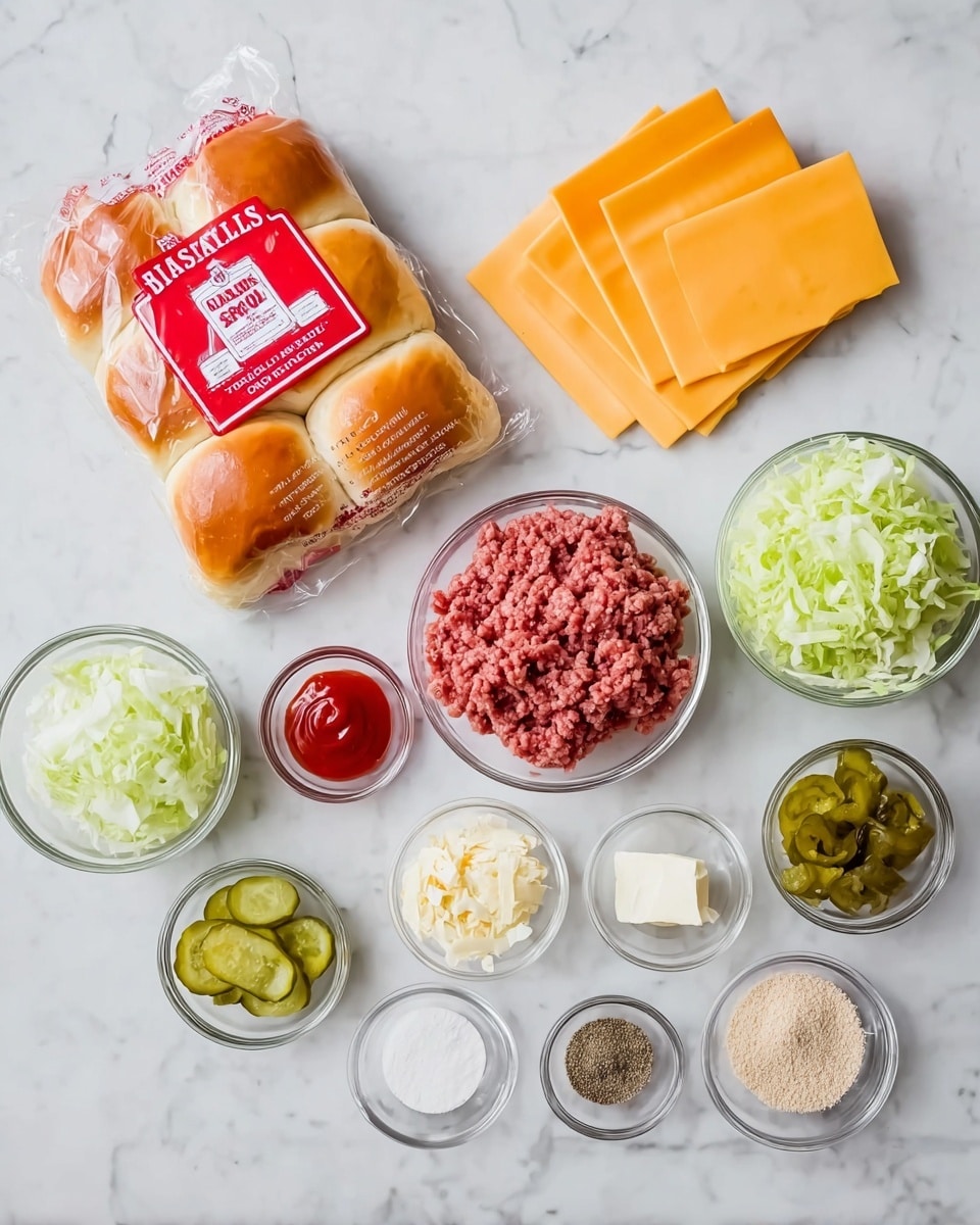 The image shows ingredients for a meal arranged neatly on a white marbled surface. On the left, there is an unopened bag of Hawaiian sweet rolls with a red-orange top. To the right of the bag are four slices of yellow cheese stacked evenly. Next to the cheese is a medium bowl with raw ground meat. Below the meat bowl are several small clear glass bowls and dishes, each holding different items: light beige powder, red ketchup, white butter, white chopped onions, light green shredded lettuce, white creamy mayonnaise, sliced green pickles, black pepper, green relish, white sesame seeds, and two other light beige powders. All the items are shown clearly and separately, ready to be used for cooking. Photo taken with an iphone --ar 4:5 --v 7