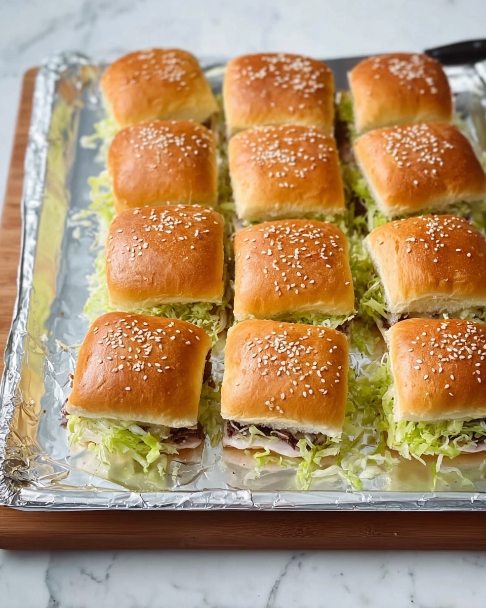 The image shows a set of 12 small sandwiches arranged in a 3 by 4 grid on a piece of shiny aluminum foil placed over a wooden board, with a large knife next to them. Each sandwich has a golden brown, soft bun top sprinkled with white sesame seeds. Inside the sandwiches, there is a visible layer of shredded pale green lettuce mixed with a creamy light pink sauce, and beneath that, a dark brown meat layer peeks through in some places. The sandwiches are neatly aligned with clean edges where they have been cut. The background is a white marbled texture. photo taken with an iphone --ar 4:5 --v 7