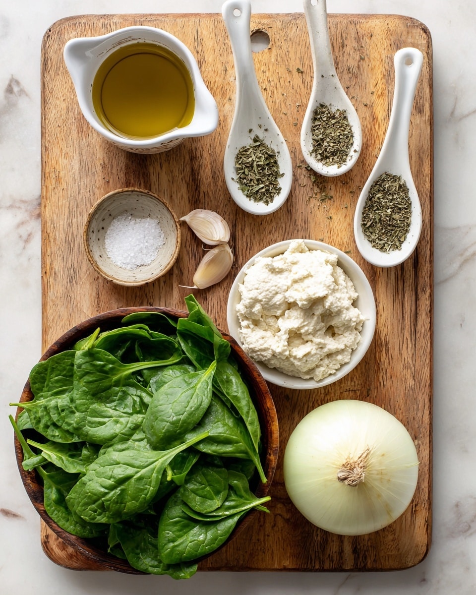 A wooden cutting board on a white marbled surface holds several ingredients arranged neatly. At the top left corner, there is a small white cup filled with golden olive oil. To the right, two white ceramic spoons contain dried green basil and oregano herbs, with a third spoon below them holding white salt. Below the olive oil, a small white bowl is filled with creamy tofu ricotta, which is light beige with a slightly grainy texture. Near the center, a single garlic clove rests on the board. At the bottom left, a dark wooden bowl is full of fresh, bright green spinach leaves with visible veins and stems. To the right of the spinach, a whole round white onion sits on the board, showing smooth skin and a slightly shiny texture. photo taken with an iphone --ar 4:5 --v 7
