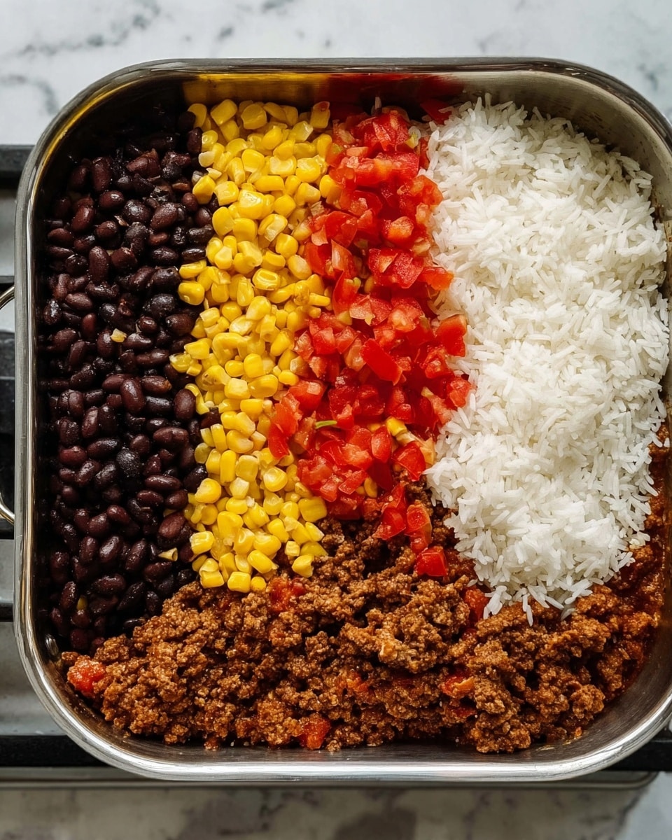 A large metal pan holds six clear layers of food arranged side by side in neat sections. Starting from the left, there is bright yellow corn with a smooth, shiny texture next to dark brown black beans that have a glossy surface. Beside the beans, a section of chopped red tomatoes with a juicy texture contrasts with a fluffy white rice layer on the right. Below these layers is a thick, brown ground meat mixture with a crumbly texture filling the bottom part of the pan. The pan is on a stovetop with a white marbled surface around it. photo taken with an iphone --ar 4:5 --v 7