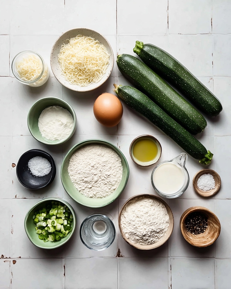 Crispy Zucchini Fritters with Parmesan and Green Onions Recipe 4 The image shows various fresh ingredients arranged neatly on a white marbled tiled surface. On the left, there is a small white bowl filled with grated cheese, next to a green bowl with coarse salt, a small white bowl holding garlic powder, and a whole brown egg placed beside a light brown onion. Three whole dark green zucchinis lie side by side on the right. Nearby, there are several more small bowls and containers: a small black dish with white powder, a clear glass cup with pale yellow oil, a white bowl with chopped green onions, a larger beige bowl filled with white flour, a small green bowl with creamy white yogurt, and a clear glass measuring cup holding milk. There are also two small bowls on the far right, one black with coarse salt and one wooden with black pepper. All items are spaced evenly and organized in a clean, simple way. photo taken with an iphone --ar 4:5 --v 7