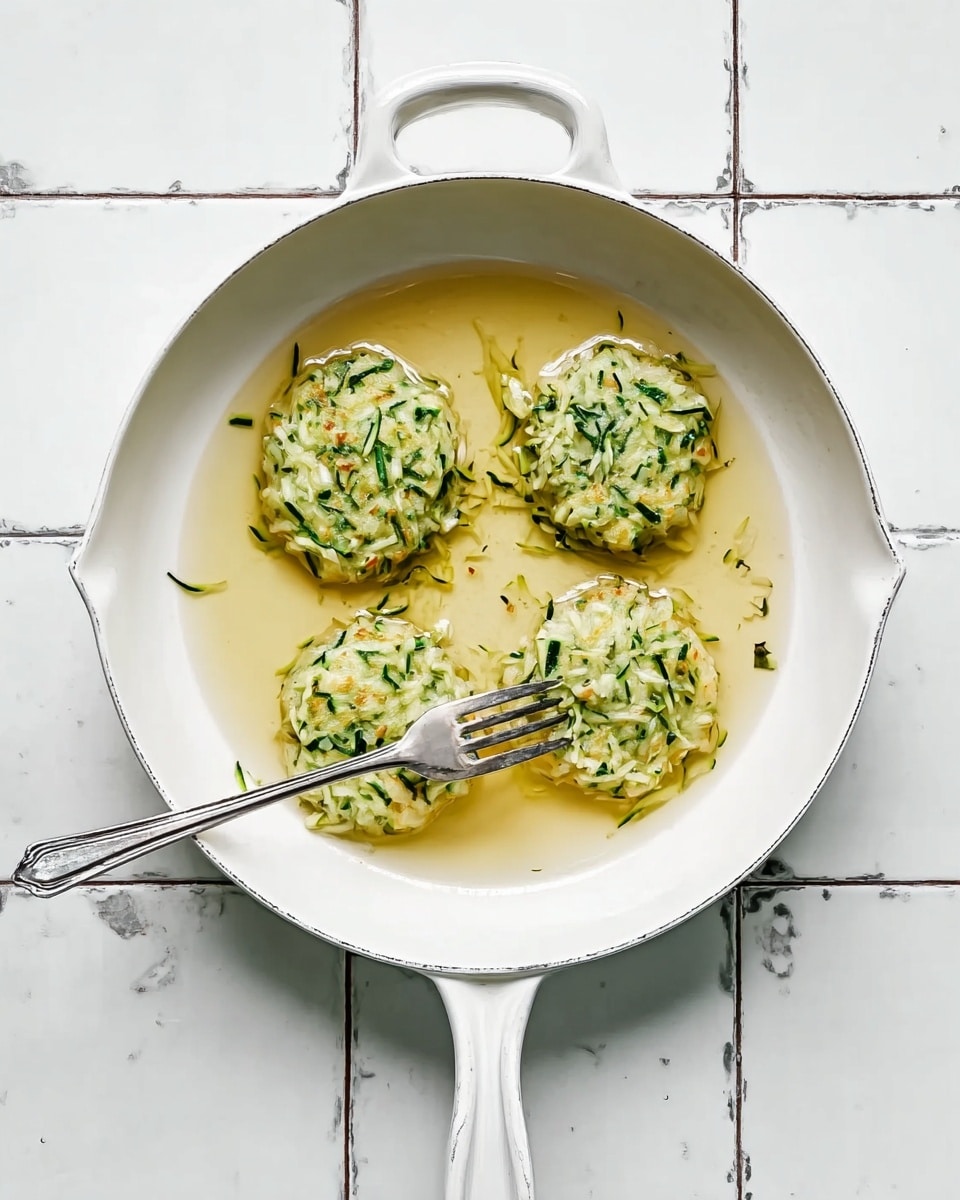 A white pan with two handles contains four small, round, green and white zucchini fritters frying in light golden oil. Each fritter shows visible thin green strands of zucchini mixed with a white batter, and they float slightly separated from each other in the oil. A silver fork is touching the bottom right fritter, gently pressing it down. The background is a white marbled surface with square tiles visible beneath the pan. photo taken with an iphone --ar 4:5 --v 7