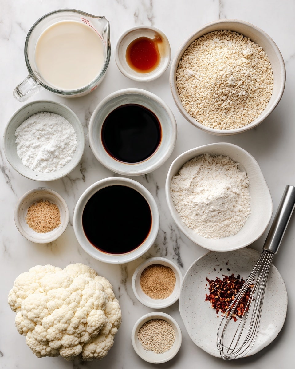 The image shows multiple white bowls and a clear measuring cup arranged on a white marbled surface, each containing different ingredients. In the top left, the clear measuring cup holds a creamy off-white liquid labeled almond milk. To its right, a white bowl contains a dark brown liquid marked as maple syrup. Next to it is a white bowl with a very dark, almost black, liquid labeled soy sauce. Below these, there are small white dishes holding white sea salt crystals and light brown ground black pepper. In the center left is a white bowl full of white flour, and to its right, a small bowl with light brown ground ginger. Towards the bottom left, there is a whole cauliflower with a rough, bumpy texture and off-white color. Near it are two small white bowls, one filled with light beige sesame seeds and the other with a pale liquid and metal whisk, labeled cornstarch & water. A large white bowl containing fine, textured, pale yellow panko breadcrumbs sits near the center-right, with a small plate holding a mix of reddish-brown red pepper flakes and light beige garlic powder placed beside it. All items are neatly arranged, with clear labels identifying each ingredient. The photo taken with an iphone --ar 4:5 --v 7