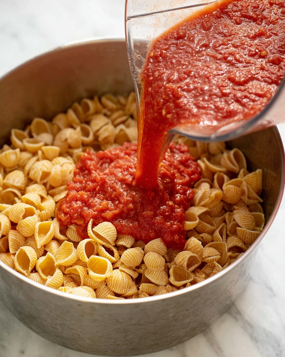A silver pot filled with one visible layer of small, golden-brown pasta shells, with a red, chunky tomato sauce being poured over the pasta from a clear glass blender jar, the sauce spreading on top of the shells. The pot and sauce are set on a white marbled surface. photo taken with an iphone --ar 4:5 --v 7