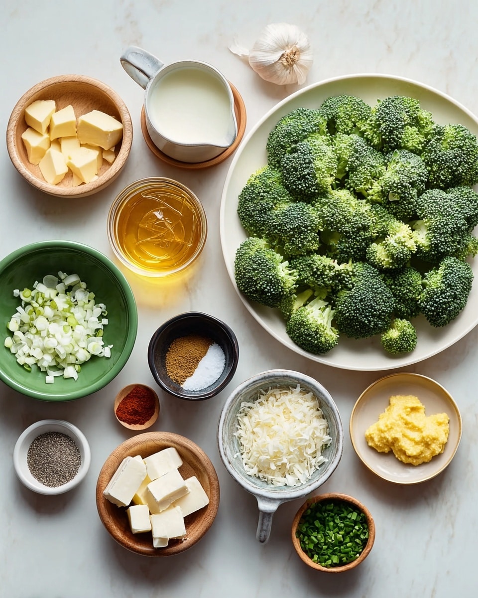 The image shows many small bowls and plates with ingredients on a white marbled surface. At the center right, a large white plate is full of fresh green broccoli florets. Around it, moving clockwise, there is a small green bowl with finely chopped garlic, a glass jar with golden honey, a small black bowl with white salt, a tiny white bowl with golden oil, a small red bowl with ground spice, a glass jug with white cream, a small white plate with butter cubes, a small white bowl with grated cheese, a small wooden bowl with crushed black pepper, a green bowl with chopped white onions, a small white bowl with chopped chives, and a tiny white bowl with yellow mustard. All the elements are neatly arranged and clearly visible. Photo taken with an iphone --ar 4:5 --v 7
