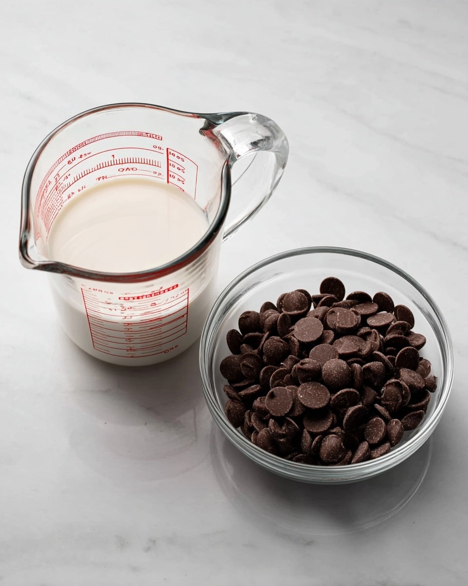 The image shows two clear glass containers placed on a white marbled surface. On the left, there is a clear glass measuring cup filled about halfway with a smooth, pale cream liquid. The measuring cup has red measurement markings on it. On the right, there is a clear glass bowl filled with dark brown, round chocolate chips or discs that have a matte texture. Both containers are simple and transparent, showing their contents clearly. photo taken with an iphone --ar 4:5 --v 7