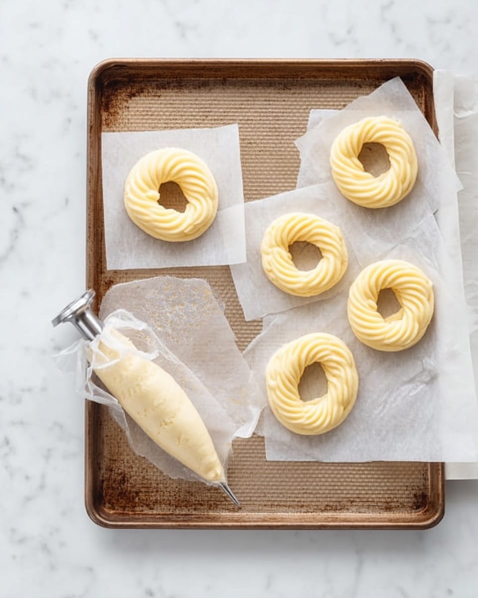 Five swirled dough rings are placed on separate small square pieces of parchment paper on a baking tray. The rings are pale yellow with a smooth, ridged texture from the piping, and there is extra dough in a piping bag with a metal nozzle resting on more folded parchment on the tray. The baking tray has a worn, textured surface. The scene is set on a white marbled surface. photo taken with an iphone --ar 4:5 --v 7