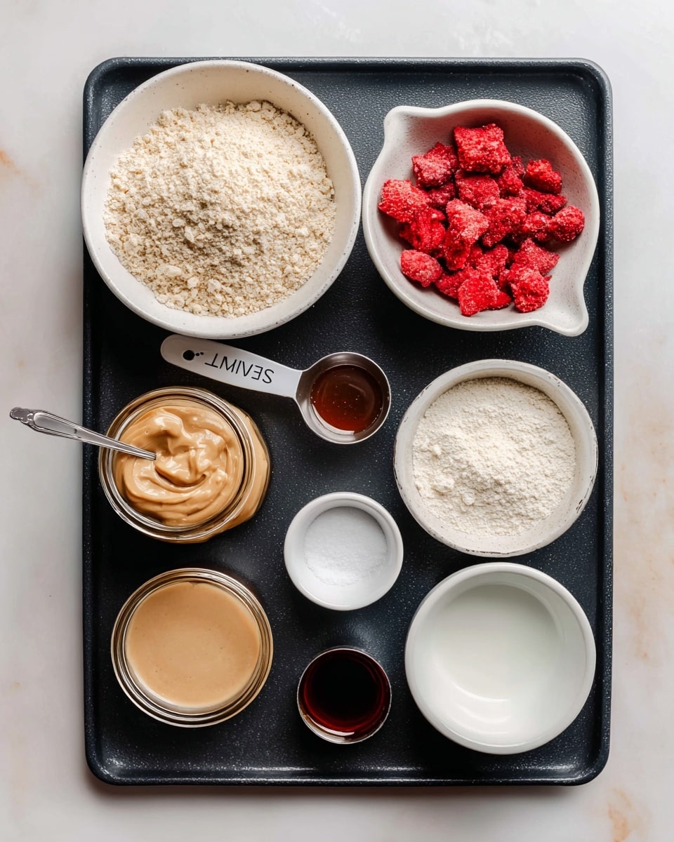 A flat black tray sits on a white marbled surface, holding seven small containers with different ingredients. In the top left, there is a white bowl filled with light beige almond flour, which looks powdery and slightly clumpy. To the right, a silver measuring cup has bright red freeze dried strawberries with a crumbly texture. Below the almond flour is a small glass jar of golden honey, thick and shiny. Next to honey is a small white bowl with off-white protein powder, soft and powdery. Beside that is a clear glass cup holding smooth, creamy light brown cashew butter with a spoon inside. Below the protein powder is a tiny white bowl filled with vanilla extract, dark amber and glossy. Next to vanilla is an empty small white bowl labeled milk, showing just a smooth white surface inside. A small white spoon labeled salt rests on the tray near the cashew butter. photo taken with an iphone --ar 4:5 --v 7