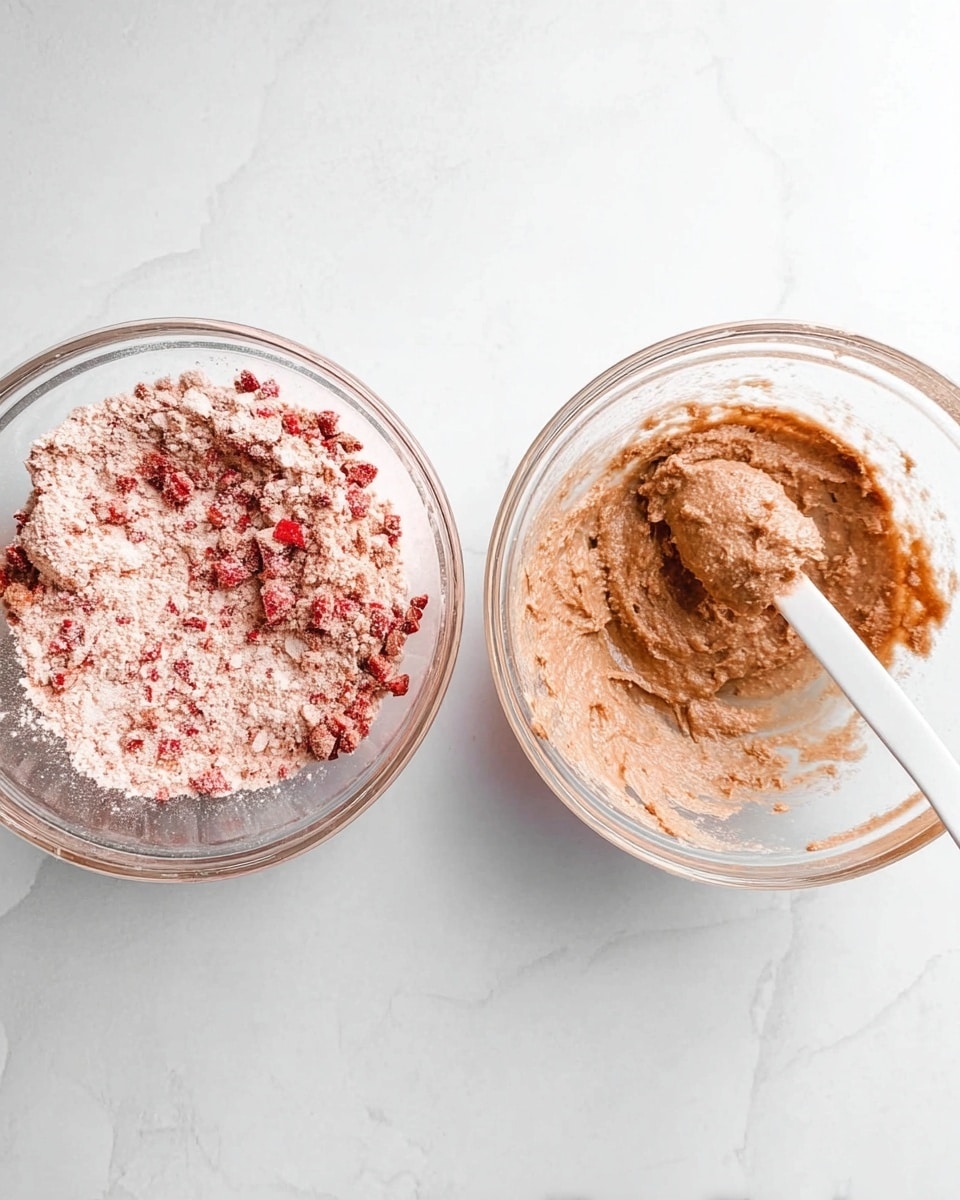 Two clear glass bowls sit side by side on a white marbled surface. The left bowl contains a dry mix of pinkish powder with small chunks of red and white pieces scattered throughout. The right bowl holds a thick, light brown paste with a slightly grainy texture, partially smoothed by a white spatula resting inside. The overall scene looks bright and clean. photo taken with an iphone --ar 4:5 --v 7