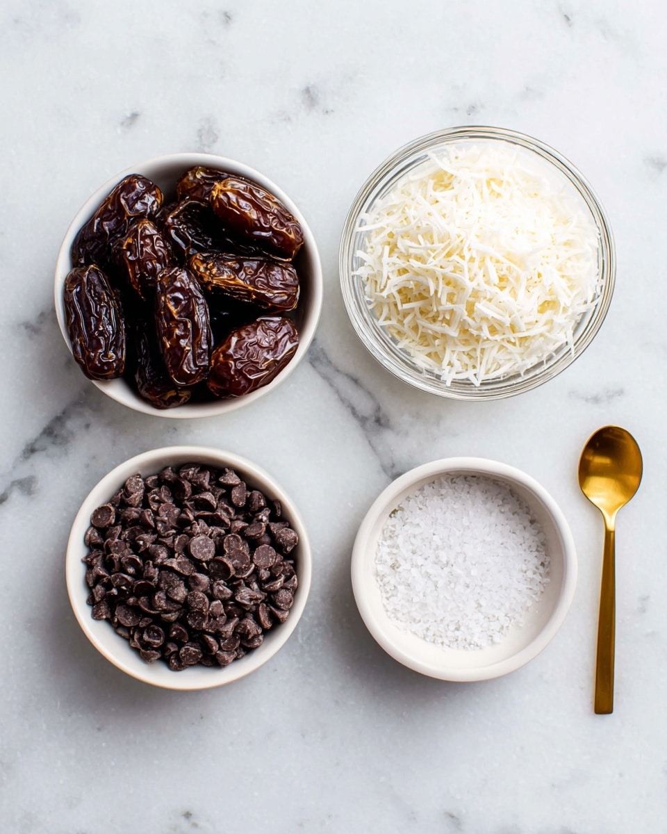 The image shows four small bowls arranged on a white marbled surface, from left to right: the first white bowl is filled with dark brown, wrinkled dates; the second transparent glass bowl contains a pile of white, shredded coconut; the third small white bowl holds many small, dark brown chocolate chips; and the fourth small golden spoon is filled with coarse white salt. All bowls and the spoon are neatly spaced in a horizontal line. Photo taken with an iphone --ar 4:5 --v 7
