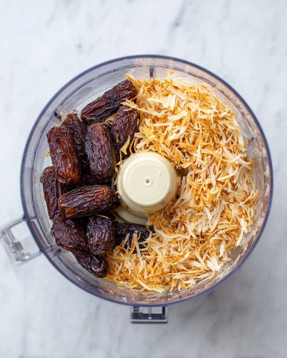 Inside a clear food processor bowl, there are two layers of ingredients. The left half shows several dark brown, wrinkled dates, while the right half has thin, light brown shredded pieces that resemble toasted coconut or similar texture. The food processor center blade is visible and cream-colored, surrounded by the ingredients. The background is a white marbled texture. photo taken with an iphone --ar 4:5 --v 7