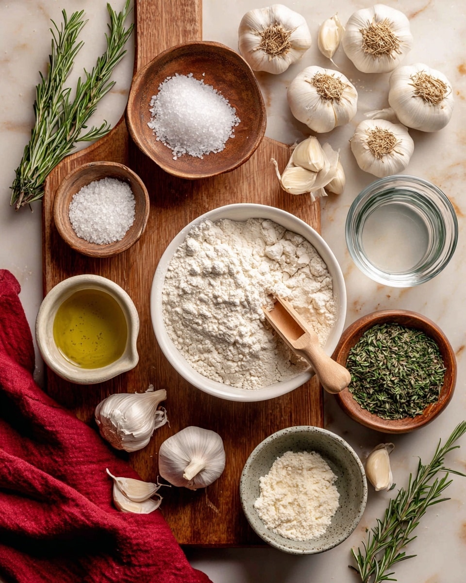 A wooden table shows a group of baking ingredients arranged neatly. At the center bottom, there is a white bowl full of white flour with a small wooden scoop resting inside. Above and slightly to the right, a small wooden bowl holds finely chopped green thyme leaves. To its left, a small glass bowl contains white salt, and next to it is a clear glass cup filled with water. Another small white bowl filled with granulated white sugar is on the left side. Fresh garlic bulbs and peeled garlic cloves are scattered around the center and top of the image. Fresh rosemary sprigs lay on the left side along with a wooden bowl of chopped rosemary. A small glass jug of clear oil is placed near the flour bowl's bottom left. Dry yeast in powder form is inside a small gray ceramic bowl near the center top. A red cloth is placed at the bottom left corner. Everything sits on a white marbled surface. photo taken with an iphone --ar 4:5 --v 7