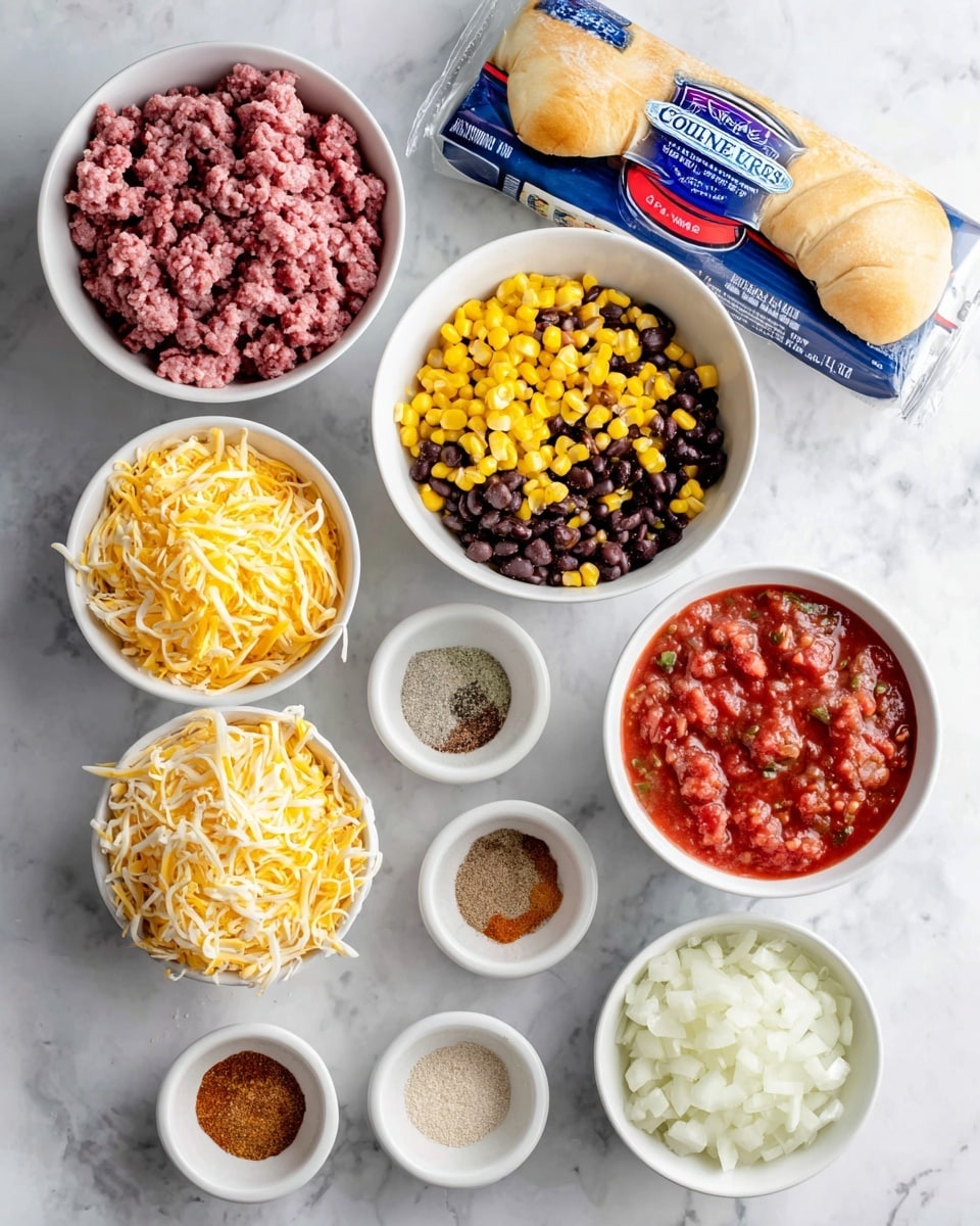 A top-down view of several white bowls and a white marbled surface, showing ingredients for a recipe. There is a white bowl with raw pink ground beef in the top left, a white bowl with yellow corn and black beans mixed in the top right, and a white bowl filled with shredded yellow and white cheese at the bottom left. In the center right is a white bowl containing red salsa with visible chunks. Below the cheese bowl are three small white bowls with seasonings: light brown cumin, reddish chili powder and paprika, and pale beige garlic powder. To the right of these spices is a white bowl filled with small white chopped onions. A white crescent roll package with blue and red colors lies above the bowls on the white marbled surface. Photo taken with an iphone --ar 4:5 --v 7