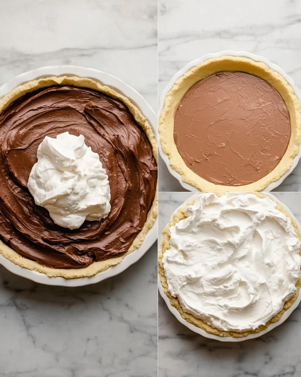 The image shows three stages of making a chocolate pie filling. On the left is a white bowl with thick, creamy dark brown chocolate mixture and a dollop of white whipped cream on top. The middle image shows a white pie plate with a light golden crust, fully spread with a smooth, even layer of the dark brown chocolate mixture inside. The image on the right shows the same pie with a thick layer of white whipped cream dolloped on top of the chocolate layer, still in the white pie plate, all set on a white marbled surface. photo taken with an iphone --ar 4:5 --v 7