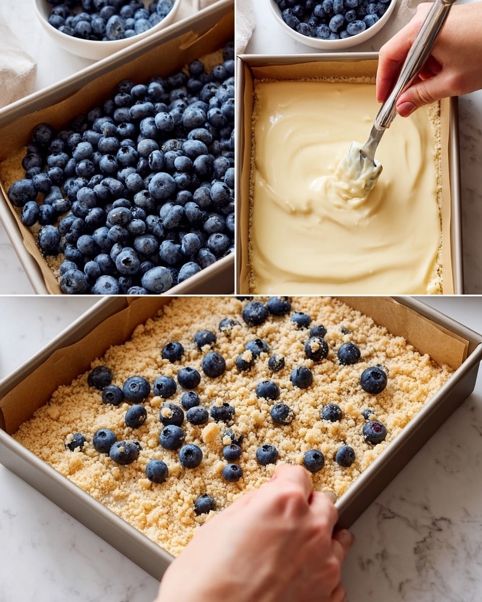 A square baking pan with a light brown baked crust layer at the bottom is shown, held by a woman's hands; next, a thick creamy pale yellow batter is spread over the crust using a shiny utensil held by a woman's hand; then, fresh round blueberries are scattered evenly on top of the batter, with a woman's hand placing more blueberries; lastly, a woman's hand sprinkles crumbly golden streusel topping over the blueberries, creating a textured surface. The background is a white marbled texture with bowls of blueberries blurred in the background. photo taken with an iphone --ar 4:5 --v 7