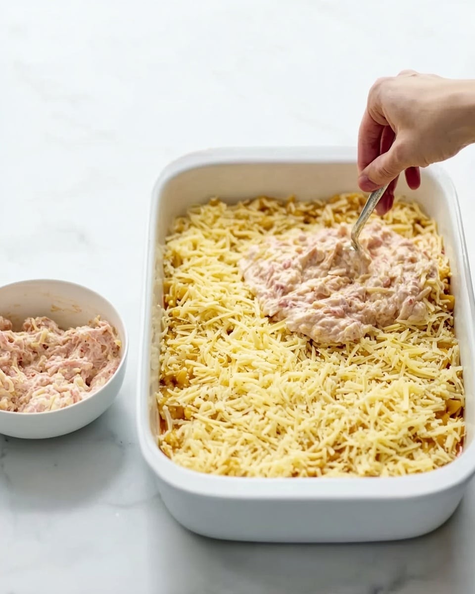 A close-up view of a white rectangular baking dish filled half with a layer of golden, shredded cheese on the bottom, while a woman's hand is spreading a creamy, light pink chicken mixture on top with a spoon. Next to the dish, on the white marbled surface, there is a small white bowl containing more of the creamy pink chicken mixture. The cheese layer looks textured and slightly crunchy, while the pink chicken mixture is smooth and thick. The scene is well lit and bright. photo taken with an iphone --ar 4:5 --v 7