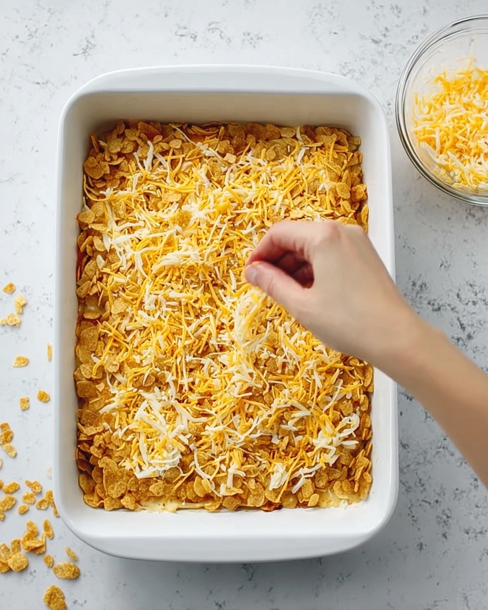 A white rectangular baking dish filled with a layered casserole topped with a mix of shredded yellow and white cheese and crumbled golden crunchy topping. A woman's hand is sprinkling more shredded cheese over the top right side of the dish. To the right, there is a small clear glass bowl with more shredded cheese. The background and surface are a white marbled texture. photo taken with an iphone --ar 4:5 --v 7