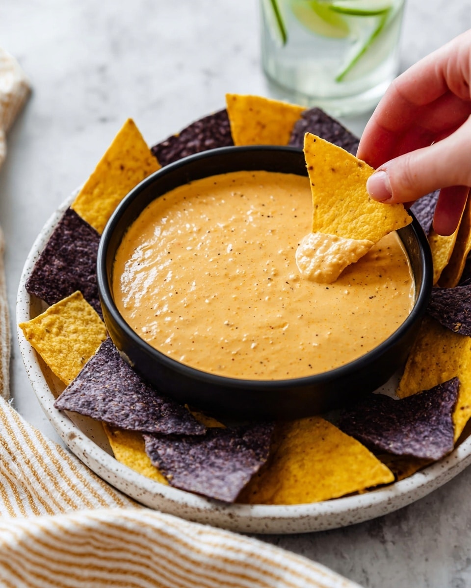 A black bowl filled with a thick, creamy orange dip sits in the middle of a white textured plate. The dip has a smooth, slightly grainy surface with small pepper specks. Around the edges of the bowl, there are alternating yellow and dark purple tortilla chips standing up, half dipped into the sauce. A woman's hand is holding a yellow chip, dipping it into the creamy orange dip. The scene is on a white marbled surface with a piece of beige and white striped cloth in the corner and a glass of water with lime slices visible in the background. photo taken with an iphone --ar 4:5 --v 7