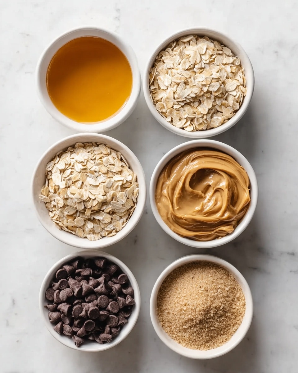 Six small white bowls are arranged on a white marbled surface. The top left bowl contains golden honey, smooth and shiny. Next to it on the right is a bowl filled with light beige oat flakes, flat and dry. Below the honey bowl is a bowl with shredded oat flakes, slightly lighter in color and fluffy in texture. To the right of this bowl is a white bowl full of creamy, light brown peanut butter with a swirled top. Below the shredded oats is a bowl with small dark brown chocolate chips, glossy and smooth. The last bowl on the bottom right holds light tan sugar with a fine, grainy texture. Photo taken with an iphone --ar 4:5 --v 7
