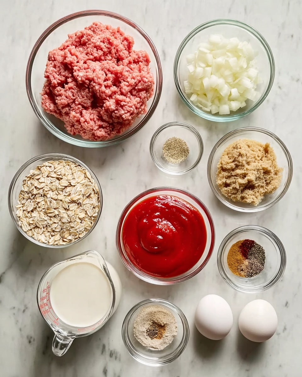 A white marbled surface holds nine clear glass bowls and a measuring cup, each filled with different ingredients. At the top center, a large glass bowl contains pink ground meat with a soft, uneven texture. To its right, a medium bowl holds small white diced onions. Below the onions is a small bowl of light brown sugar with a crumbly texture. In the center left, there is a bowl filled with bright red ketchup, smooth and shiny. To the left of ketchup, a larger bowl has pale yellow oats with a dry, coarse texture. Below the oats, a small bowl contains ground black pepper, and above the pepper, another small bowl has a mix of brown spices. Near the bottom left, a glass measuring cup is filled halfway with white milk. Finally, at the bottom center, a small bowl holds two white eggs. photo taken with an iphone --ar 4:5 --v 7