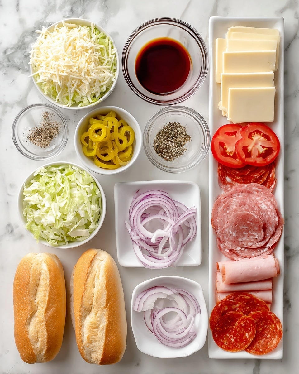 The image shows sandwich ingredients arranged on a white marbled surface. There are two hoagie rolls at the bottom center, both golden brown with a crusty texture. Above the rolls is a small glass bowl filled with red wine vinegar, light reddish in color and translucent. To the right of that is a small square white plate holding a mix of spices with black pepper, salt, garlic powder, and dried herbs. Next to it is a small white bowl filled with grated Parmesan cheese, pale yellow and finely textured. Above that, a round white bowl contains several round, pale yellow slices of cheese stacked neatly. To the left, a small round white bowl is filled with shredded pale green lettuce. Above it is a small round glass bowl holding bright yellow pepperoncini rings. To the left of the lettuce is a small round white bowl with thinly sliced red onions showing a mix of deep purple and white colors. Below that, a square white plate holds deli meats, including light pink folded slices of ham and darker red circular slices of salami. Next to the deli meat, a small square white plate contains bright red tomato slices. There is also a small glass bowl of white mayo near the upper left side. All items are evenly spaced and clearly visible. Photo taken with an iphone --ar 4:5 --v 7
