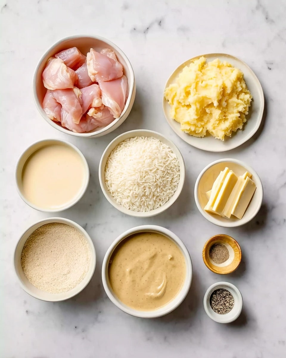 The image shows eight small white bowls arranged on a white marbled surface. Starting from the top left, the first bowl holds raw pink chicken pieces. To its right, a bowl with a light cream sauce. Next, a small bowl with yellowish mashed potatoes. To the far right, a plate with neatly sliced sticks of pale yellow butter. Below the chicken, a bowl filled with white rice. Next to the rice, a bowl containing thick, beige sauce with visible specks. To the right, a bowl with smooth yellow mustard-like sauce. Finally, a tiny bowl with some black pepper and salt mix. Photo taken with an iphone --ar 4:5 --v 7