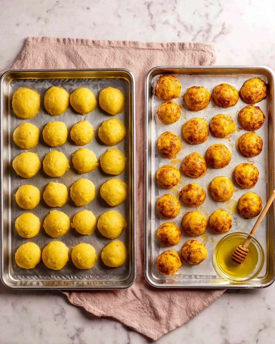 The image shows two metal trays side by side on a white marbled surface with a light pink cloth under them. On the left tray, there are round balls of yellow dough evenly spaced in rows. On the right tray, the balls have turned golden brown and have a slightly crispy texture on the outside. A small glass container with a dipper filled with golden oil is placed near the bottom right corner of the right tray. photo taken with an iphone --ar 4:5 --v 7