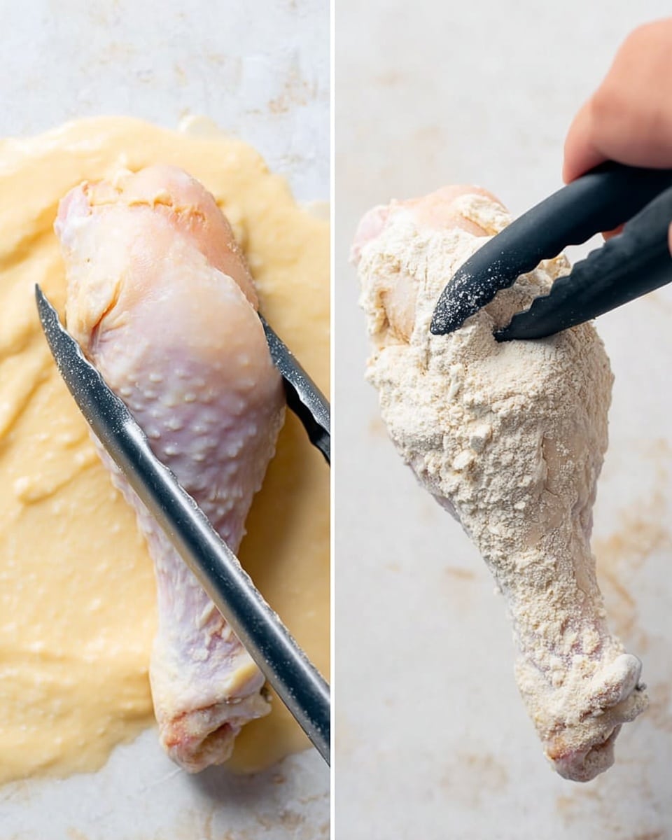 The image shows two side-by-side close-up views of raw chicken drumsticks being prepared. On the left side, a pale pink chicken drumstick is held by black tongs, dipped in a thick, creamy light yellow batter. The batter covers the surface evenly, giving a smooth texture around the drumstick. On the right side, the same style of drumstick is being held by black tongs, while a pale woman's hand holds the tongs; the chicken is coated in a pale beige flour mixture with a powdery texture. Both backgrounds have a clean white marbled texture. photo taken with an iphone --ar 4:5 --v 7