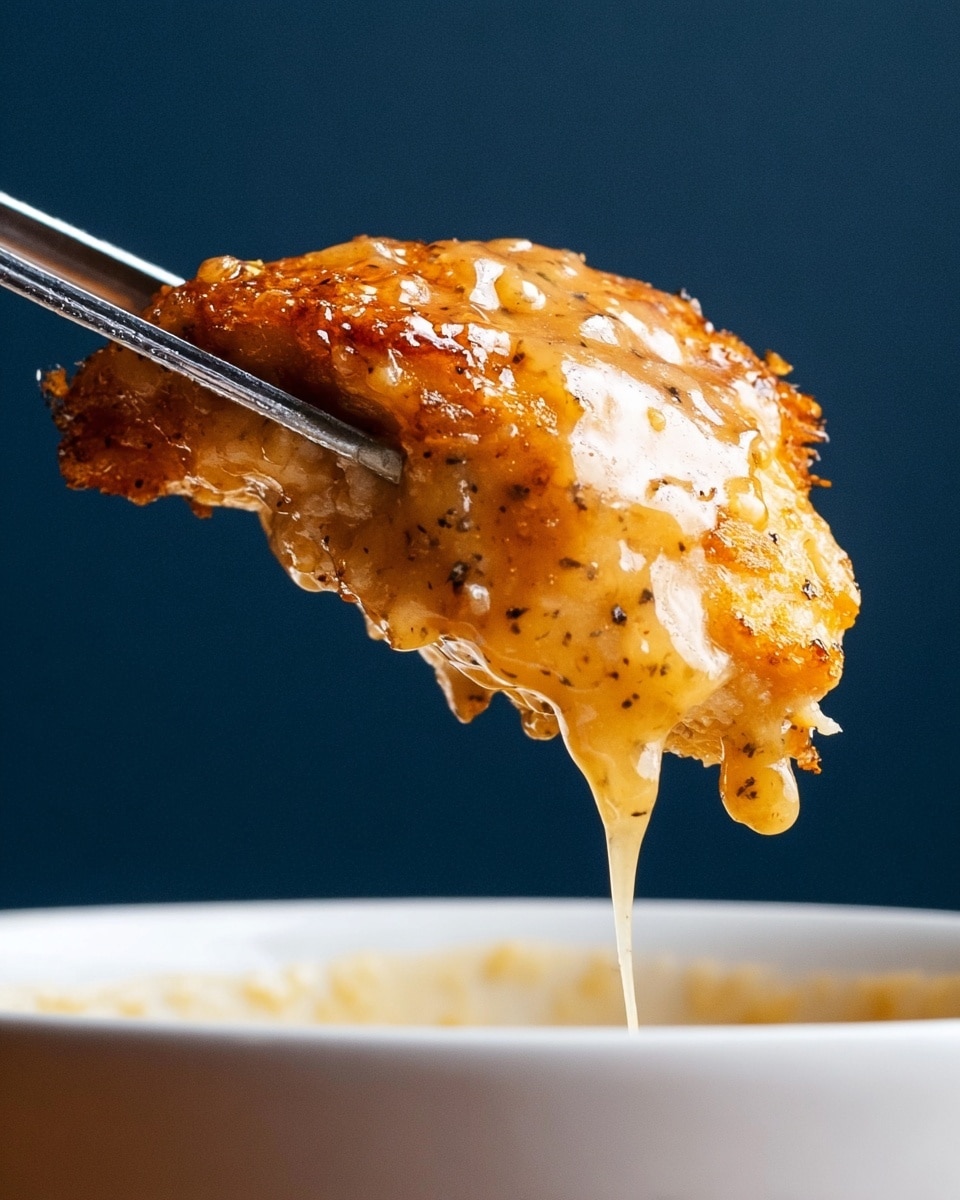 A close-up image shows a piece of cooked chicken held by metal tongs above a white bowl. The chicken is covered in a shiny, thick sauce that is golden brown with specks of seasoning visible on its surface. The sauce drips down from the chicken, showing its sticky texture. The background is a plain dark blue color, making the chicken and sauce stand out clearly. The white bowl beneath has a smooth, simple look with a slight shine. Photo taken with an iphone --ar 4:5 --v 7