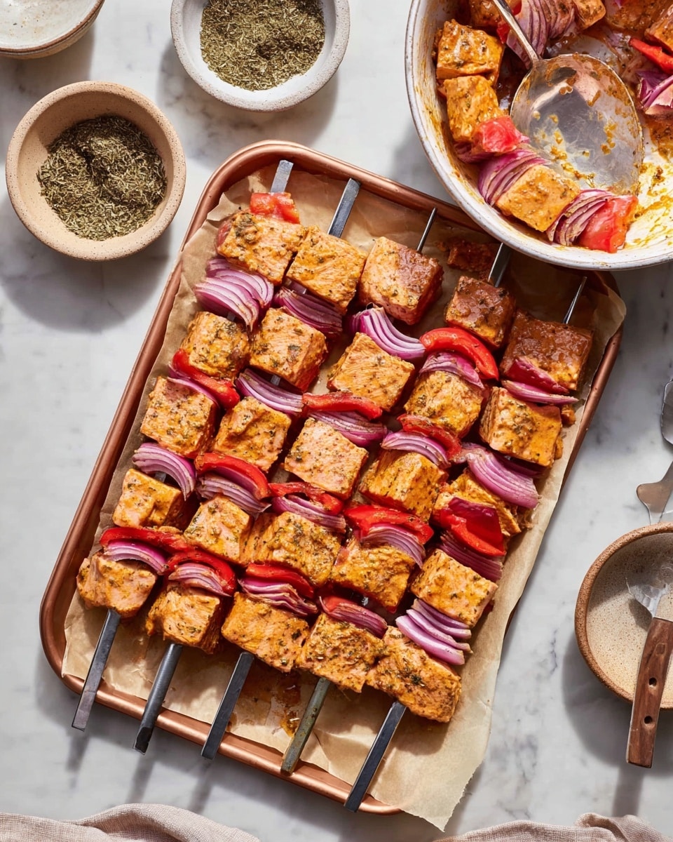 The image shows eight metal skewers placed side by side on a light brown tray lined with parchment paper. Each skewer holds large cubes of marinated meat, light orange in color, interspersed with thick slices of red bell pepper and purple onion. Above the tray, a white bowl holds more marinated meat and vegetables with a metal spoon resting inside. Around the tray, there is a container of dried green herbs with a small brown spoon and a few other bowls and utensils on a white marbled surface. The colors mainly include the light orange marinade, deep red peppers, purple onions, and the neutral tones of the tray and bowls. Photo taken with an iphone --ar 4:5 --v 7