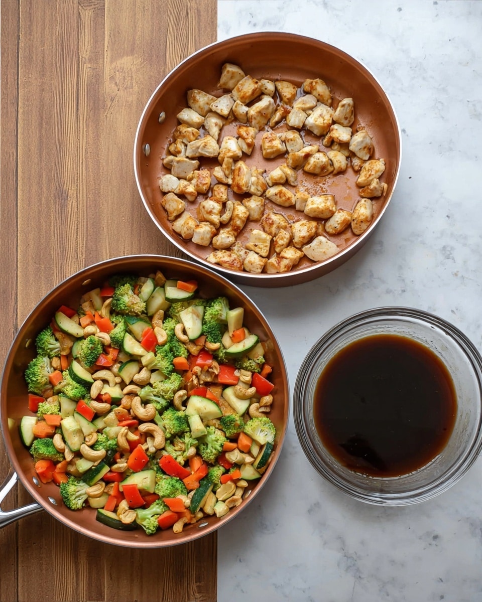 The image shows three parts: on the left, a copper-colored pan with cooked white chicken pieces browned on the edges, scattered evenly across the pan. In the middle, the same pan now filled with a colorful mix of cooked chicken chunks, green broccoli florets, orange carrot slices, red bell pepper pieces, half moon sliced zucchini, and cashew nuts, all mixed evenly. On the right, a top view of a clear glass bowl filled with a dark brown liquid sauce, placed on a wooden surface. The background for all parts should be changed to a white marbled texture. photo taken with an iphone --ar 4:5 --v 7
