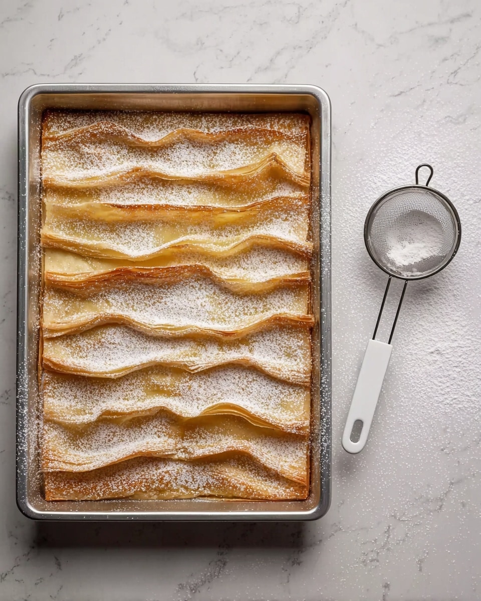 The image shows a white marbled surface with two main items. On the left, a flat rectangular sheet of thin, light beige dough with several faint lines dividing it into smaller sections. On the right, a baking tray filled with folded layers of the same dough, stacked closely side by side, with a shiny yellow layer of melted butter brushed unevenly over the dough on the right side of the tray. Above the tray is a clear glass bowl containing melted butter with a wooden brush resting inside it. Photo taken with an iphone --ar 4:5 --v 7