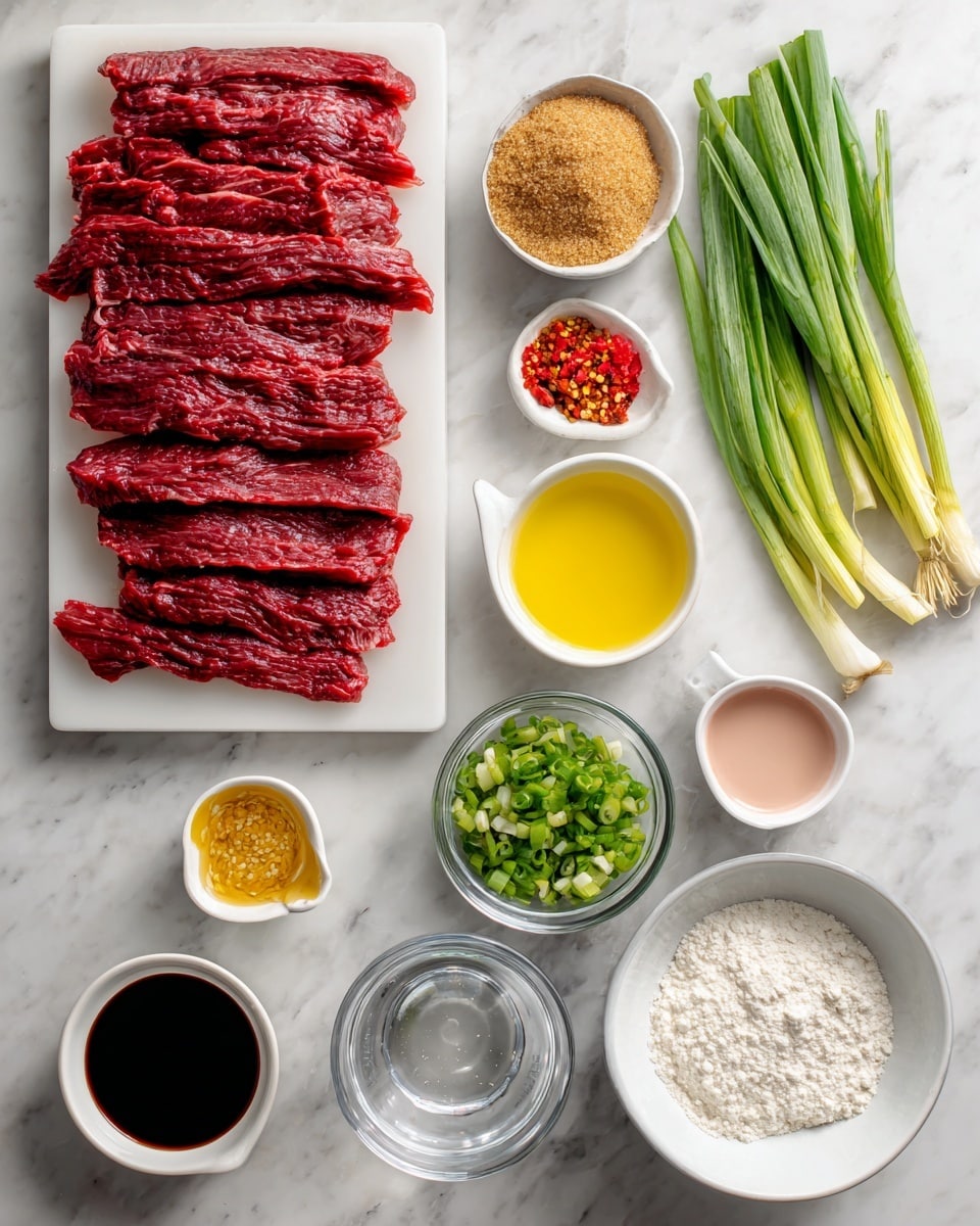 The image shows a white cutting board on the top left with thinly sliced red flank steak arranged in neat rows. Below it, on a white marbled surface, there are small white bowls and clear measuring cups holding various ingredients: a bowl of light brown sugar with a grainy texture, a small bowl of bright yellow olive oil, a small yellow bowl with red pepper flakes, an orange bowl with minced garlic, a light pink bowl with ginger paste, a measuring cup with dark soy sauce, another measuring cup with clear water, a white bowl filled with chopped green scallions, and a plain white bowl with white cornstarch powder. The items are spaced evenly, creating an organized and clean look photo taken with an iphone --ar 4:5 --v 7