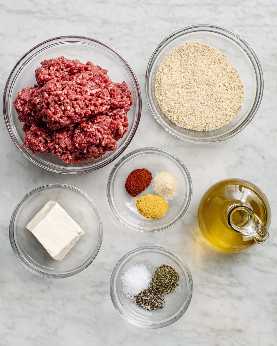 A top-down view shows six clear glass bowls with different ingredients arranged on a white marbled surface. The largest bowl, on the left, contains raw ground meat with a rough texture and red color. Above it and slightly to the right is a medium bowl filled with light tan dry crumbs. To the right of that is a small bowl divided into four sections with different spices: a deep red, beige, light yellow, and green. Below are two smaller bowls; one with a wedge of white, creamy cheese with a smooth surface, and another with coarse salt and black pepper. On the far right is a clear glass bottle filled with golden-yellow olive oil with a small pour spout. photo taken with an iphone --ar 4:5 --v 7