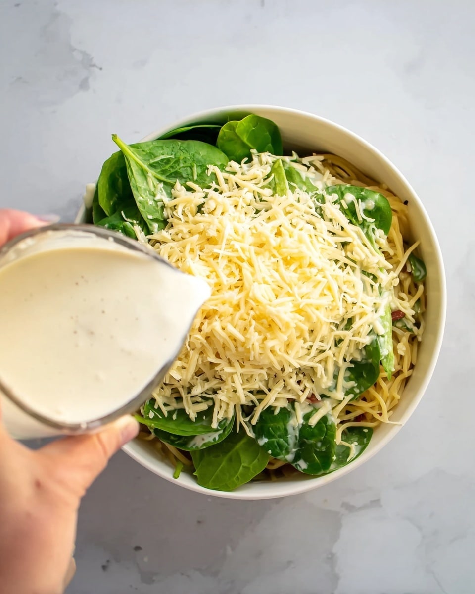 A white bowl sits on a white marbled surface, filled with several layers: at the bottom are light yellow noodles, topped with fresh green spinach leaves covering the noodles, then a generous layer of shredded pale yellow cheese scattered evenly on top. A woman's hand is pouring a creamy white sauce over the cheese and spinach, creating a smooth, flowing texture on the surface. The image captures the action from above, showing the soft contrast between the layers. photo taken with an iphone --ar 4:5 --v 7