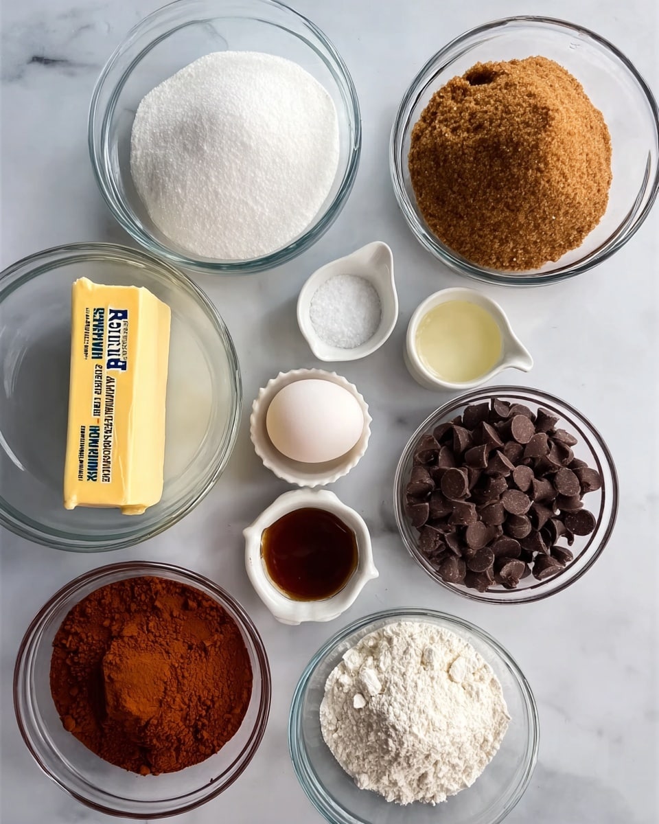 A white marbled surface holds nine separate ingredients in clear glass bowls and small white dishes, all carefully arranged in a loose circle. Starting from the top, there is a clear glass bowl filled with white sugar, next to it a bowl with packed brown sugar in a mound shape. Below these, three items sit in the middle layer: a bar of butter with yellow packaging, a white egg, and a small white ramekin with clear liquid. To the right of them, there are two small bowls; one contains white powdery baking soda and salt, and the other has dark amber vanilla extract. At the bottom, two larger clear glass bowls sit side by side, filled with reddish-brown cocoa powder on the left and white flour on the right. There is also a clear bowl filled with dark chocolate chips positioned near the butter. The image feels clean and organized. Photo taken with an iphone --ar 4:5 --v 7