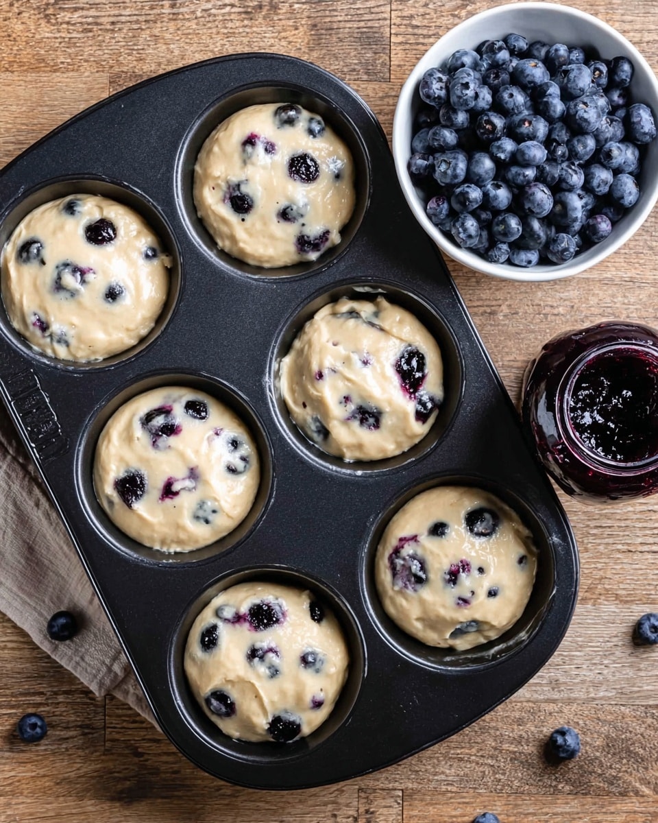 A black donut baking tray holds six sections filled with pale beige dough thickly mixed with dark blueberries, each section evenly filled to just below the top edges. The dough has a smooth texture with visible blueberry pieces scattered evenly. To the top right, a white bowl is filled with fresh dark blue blueberries, and a dark glass jar filled with deep purple blueberry jam sits close by. The scene is set on a wooden surface which is replaced with a white marbled texture. Photo taken with an iphone --ar 4:5 --v 7